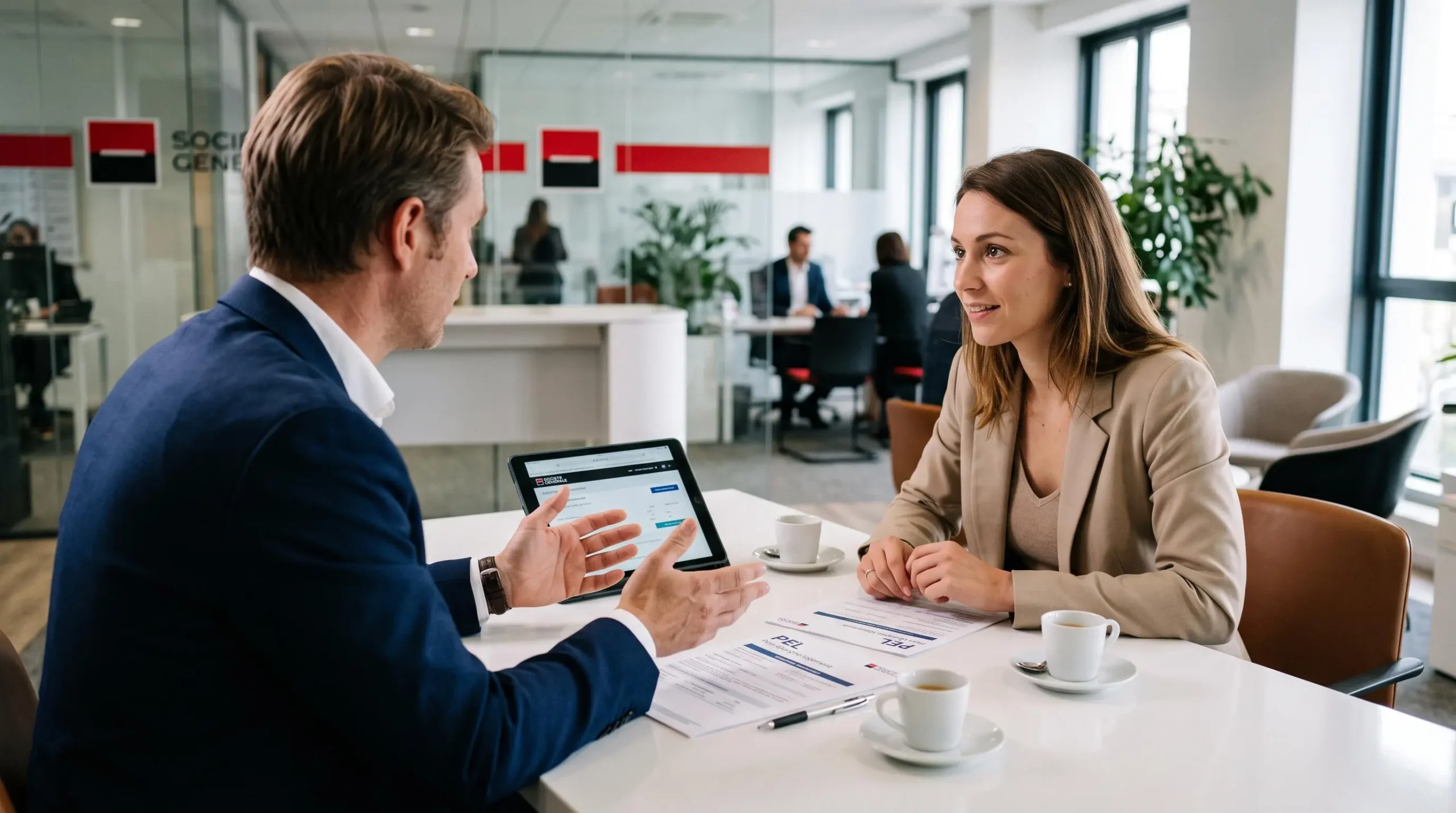 Entretien entre une cliente et un conseiller Société Générale dans une agence bancaire moderne avec tablette numérique et documents PEL sur le bureau