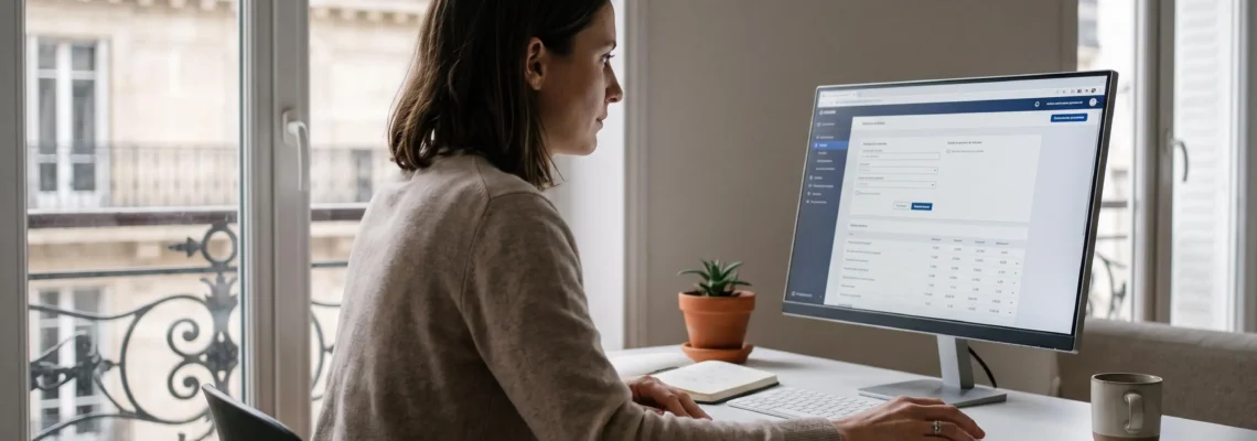 Femme consultant une interface bancaire de simulation PEL sur son ordinateur portable dans un bureau à domicile contemporain français avec lumière naturelle