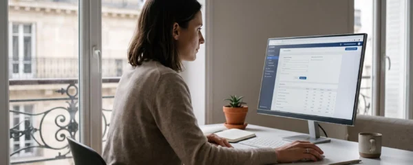 Femme consultant une interface bancaire de simulation PEL sur son ordinateur portable dans un bureau à domicile contemporain français avec lumière naturelle